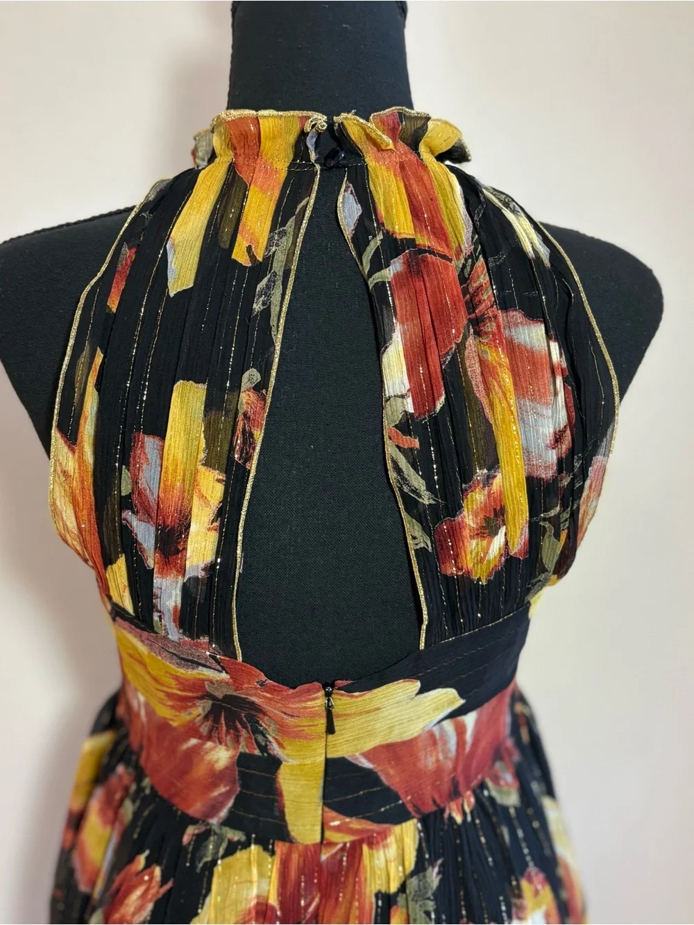 Anna Sui for Anthropologie Nagia Iris Silk Halter Dress Size 4 Floral Metallic
